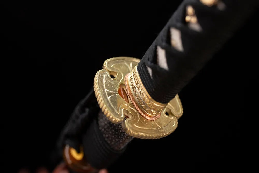 Reverse‑side night‑elf‑thorn‑vine carving dark‑iridescent‑silver tsuba surface texture close‑up