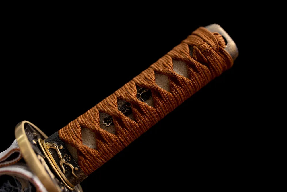 Full tan‑orange woven ito tsuka plum‑blossom carved brass fittings complete front shot