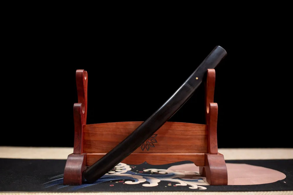 45‑angle open full‑size Wing‑Wakizashi ethereal avian‑wing‑art short samurai sword two‑layer wooden stand front view