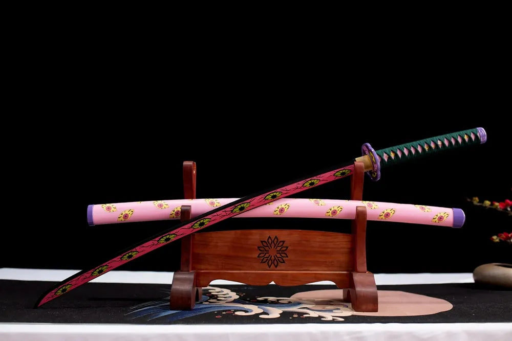 Slanted upright drawn Demon‑Slayer Kokushibo kyokokukamusari sword wooden shelf front view