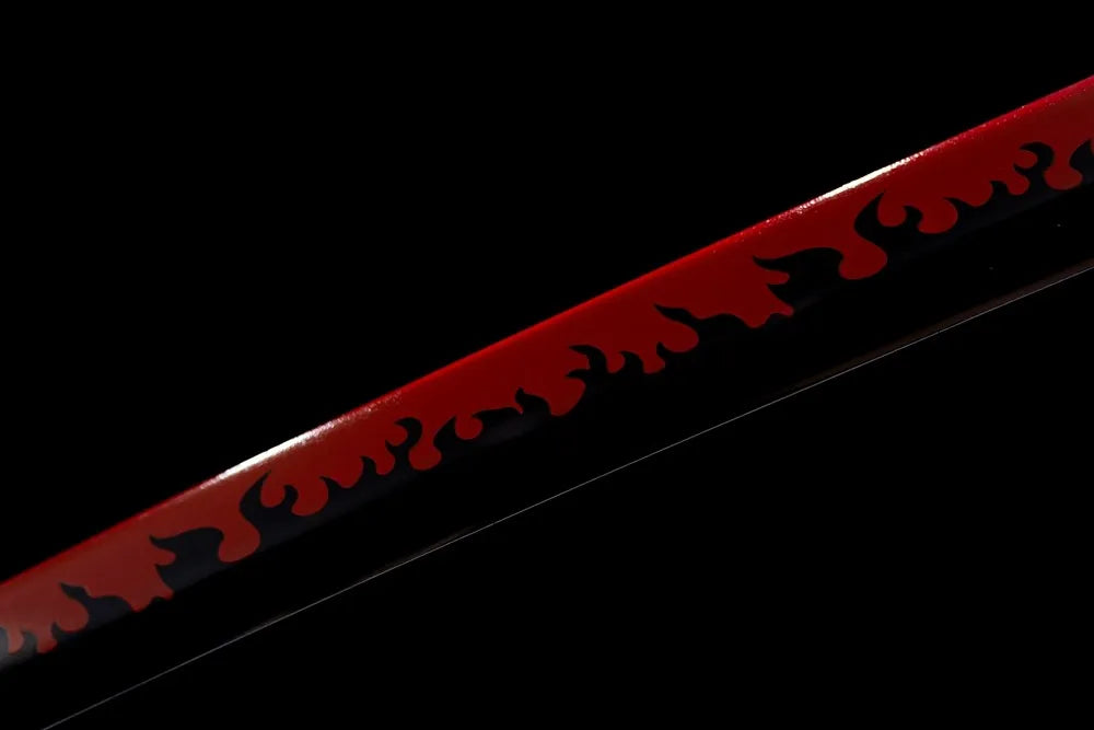 Mid‑section red flame printed steel blade surface texture shot