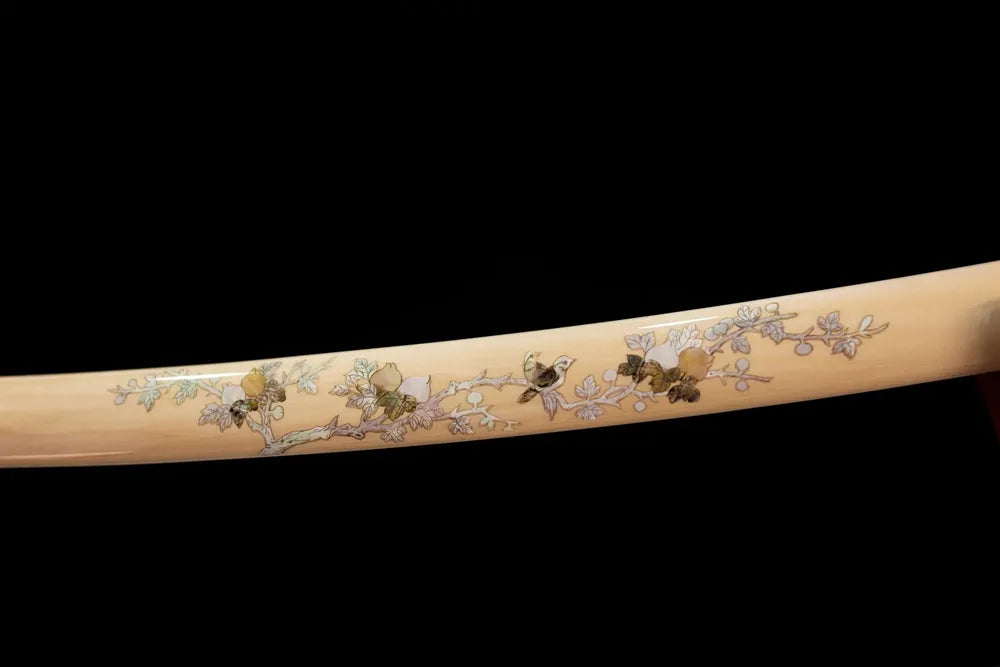 Mid‑section tea‑brown lacquer hardwood katana saya hand‑painted forest‑avian‑bird wildlife graphic texture close‑up