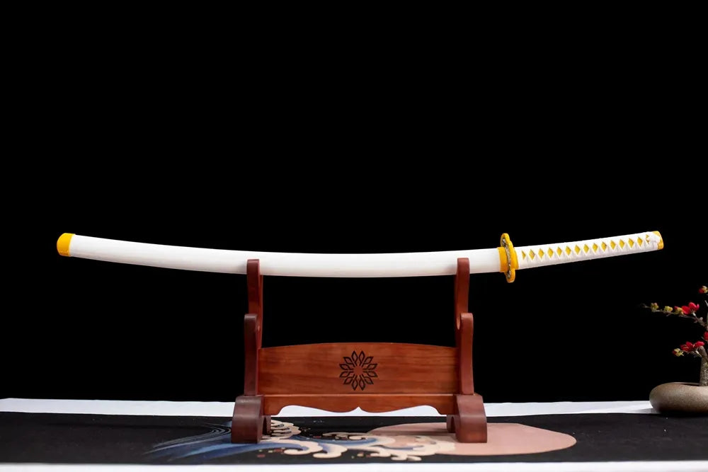 Horizontal laid closed glossy white Zenitsu scabbard flat table‑top front display