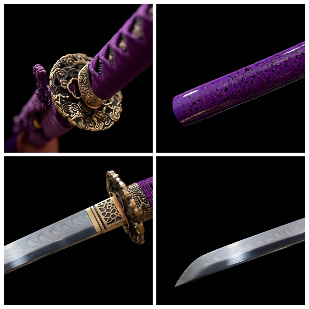 Four‑grid collage purple‑toned purple‑gild wisteria‑scroll‑relief tsuba, lavender‑mauve ito tsuka, violet‑halo pearlescent maki‑e saya, suguha‑gunome blended hamon blade close‑up details