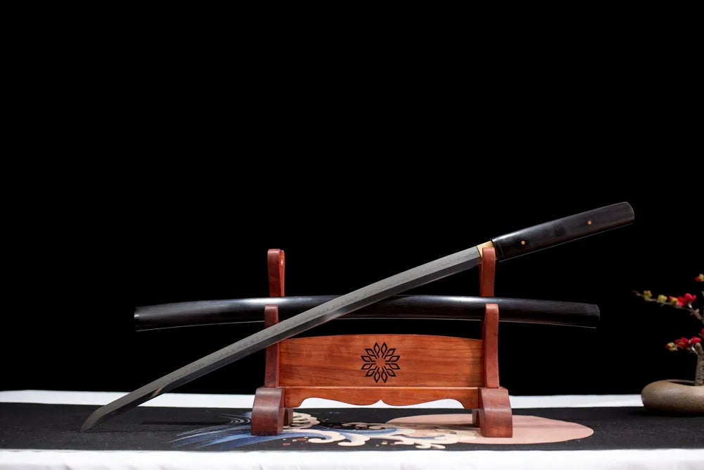 Slanted upright drawn Destruction‑Shirasaya purist‑style shirasaya katana wooden shelf front perspective