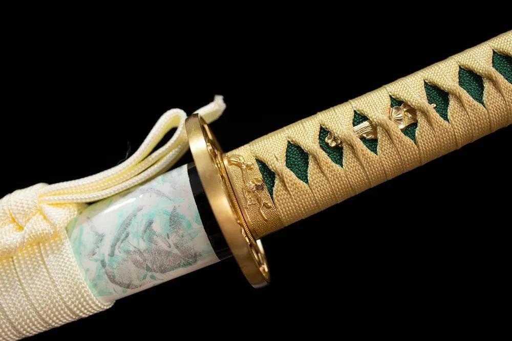 Winter‑plum‑blossom‑relief gilded‑alloy fuchi grip‑ring macro close‑up
