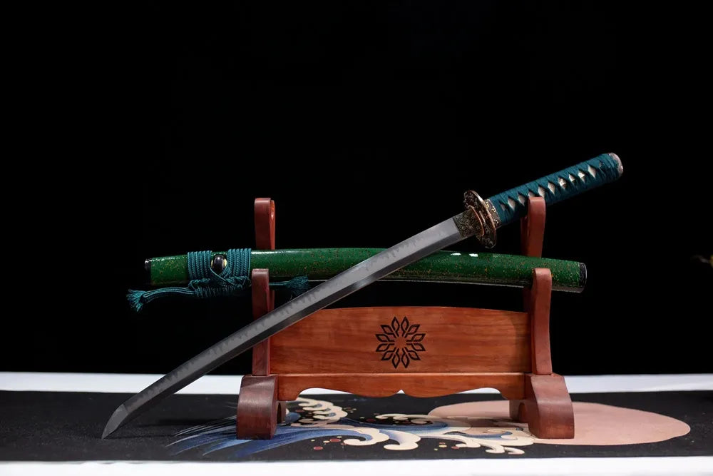 Slanted upright drawn Green‑Shade‑Wakizashi plant‑motif wakizashi wooden shelf front perspective