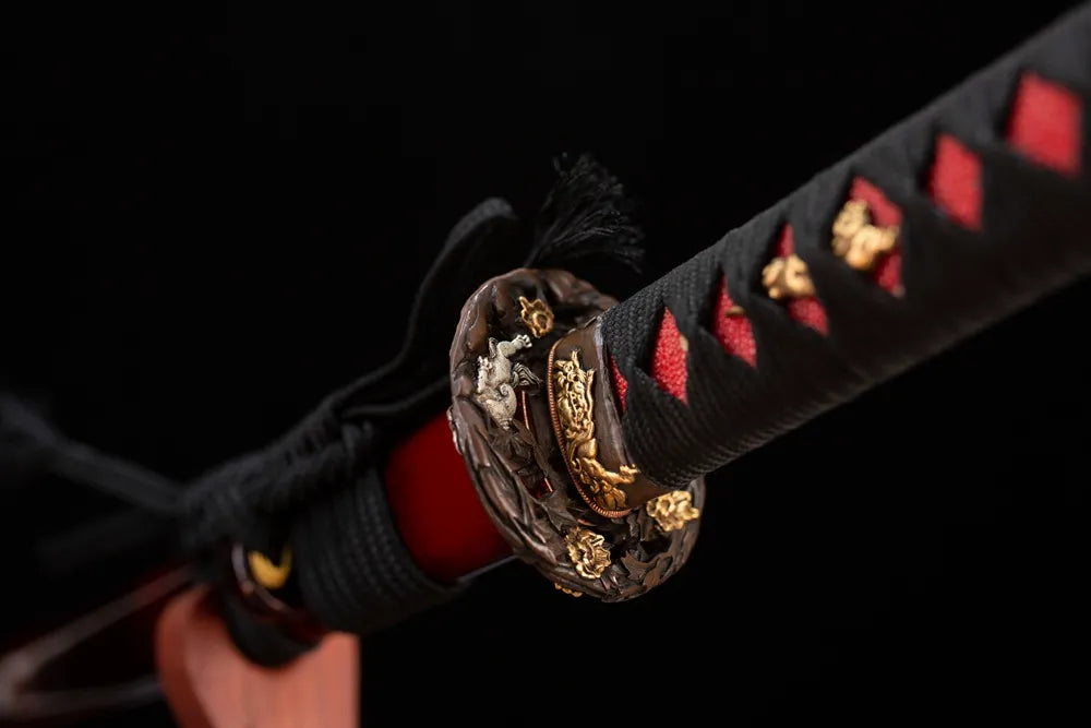 Reverse‑side floral‑beast‑scroll carving gold‑silver‑plated copper tsuba surface texture close‑up