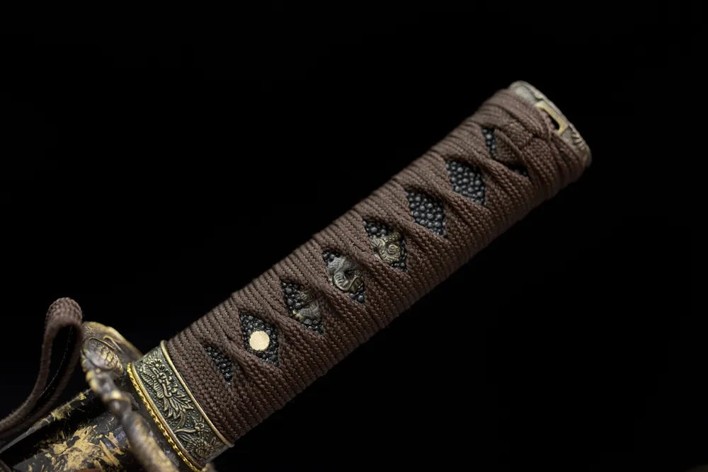 Full dark‑brown woven ito tsuka dragon‑relief antique‑brass fittings complete front shot