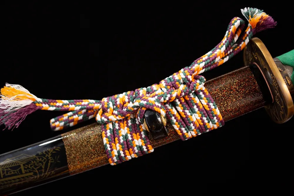 Thick multi‑color mixed‑braided coarse‑cotton sageo cord antique‑copper fitting macro close‑up