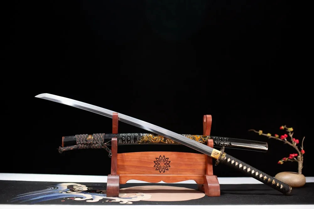 45‑angle open full‑size Nine‑Heavenly‑Dragons‑Katana oriental‑myth nine‑heaven‑dragon‑sovereign‑motif majestic samurai katana two‑layer wooden stand front view