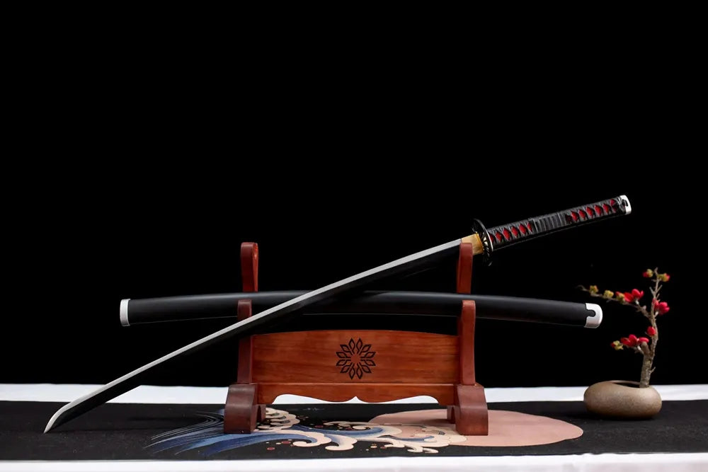Upright slanted drawn Kamado Tanjirou nichirin sword on wooden shelf front view