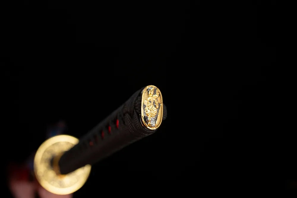 3D‑sculpted kamon‑hanafuda‑blossom gold‑plated‑alloy pommel‑cap detail shot