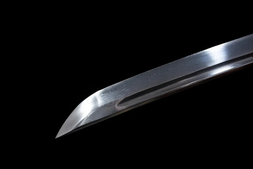 Compact functional wakizashi‑style kissaki tip of Jihad‑Shirasaya‑Wakizashi blade close‑up view