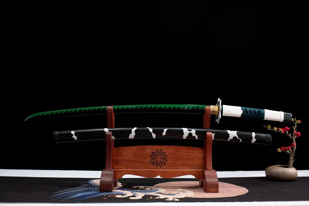 Flat fully‑drawn 1060 steel Sanemi jagged wind‑edge‑print nichirin blade wooden rack front shot