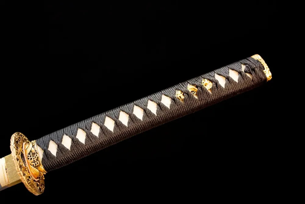 Full black woven ito tsuka gilded‑alloy coiled‑dragon‑king‑relief fittings complete front shot