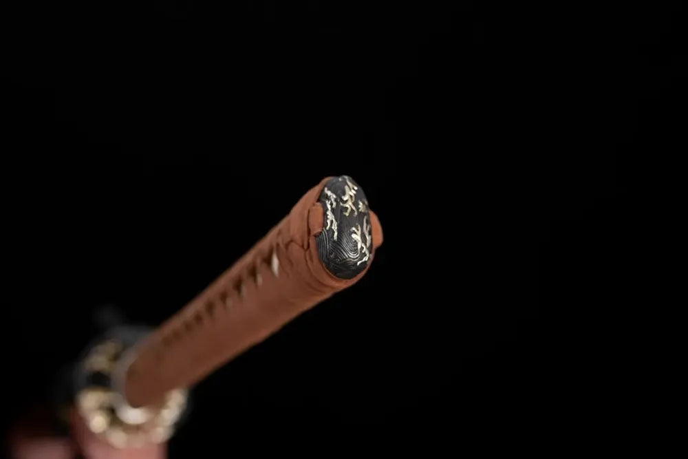 3D‑sculpted surging‑ocean‑tide aged‑copper pommel‑cap detail shot