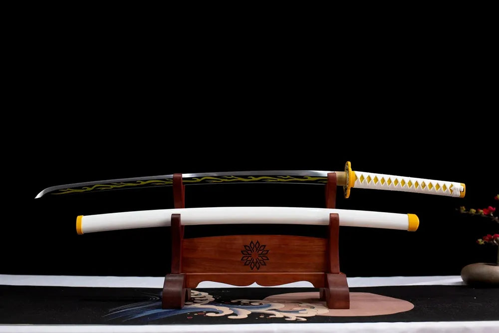 Flat fully‑drawn 1060 steel Zenitsu golden‑lightning‑print nichirin blade wooden rack front shot