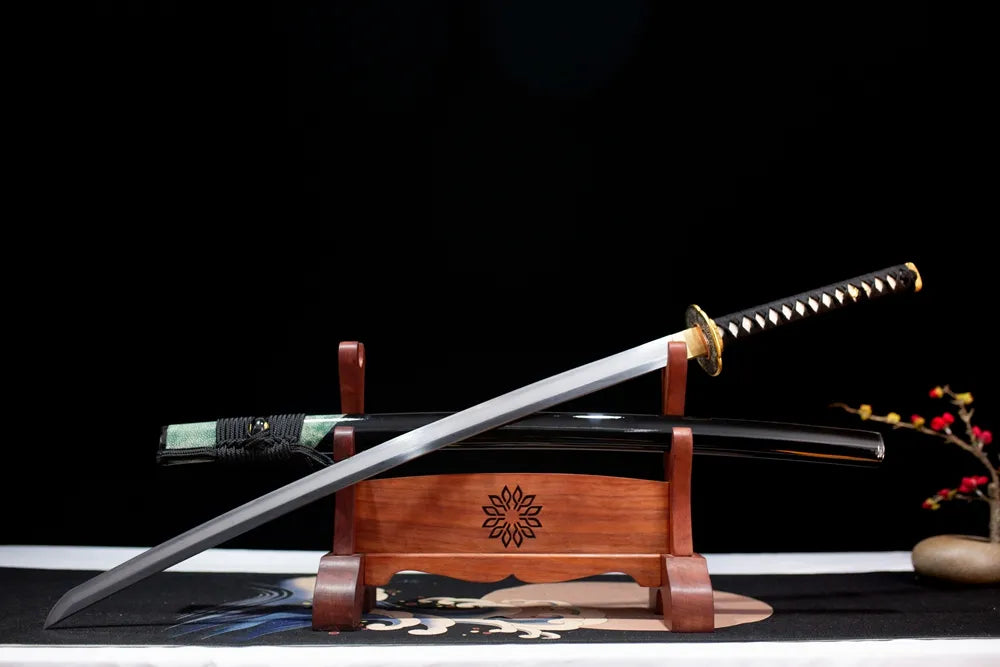 Slanted upright drawn May‑Katana spring‑refined‑aesthetic katana wooden shelf front perspective
