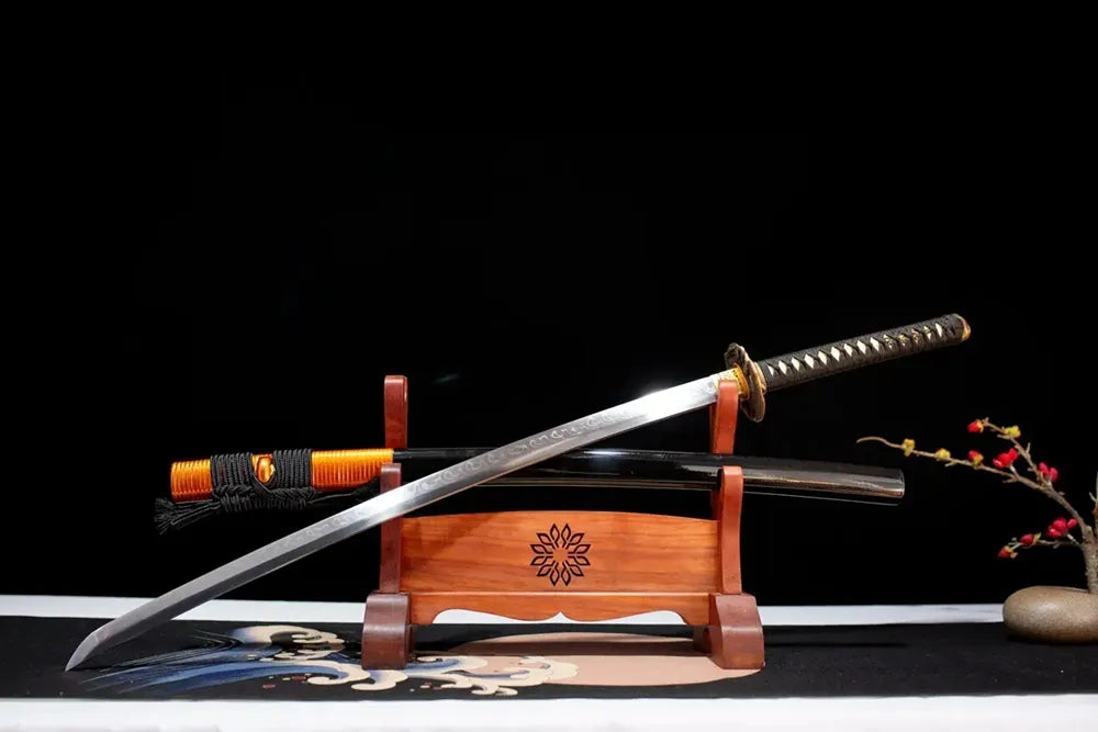 Slanted upright drawn Octagonal‑Snake‑Katana octagonal‑serpent‑wild‑nature‑art katana wooden shelf front perspective