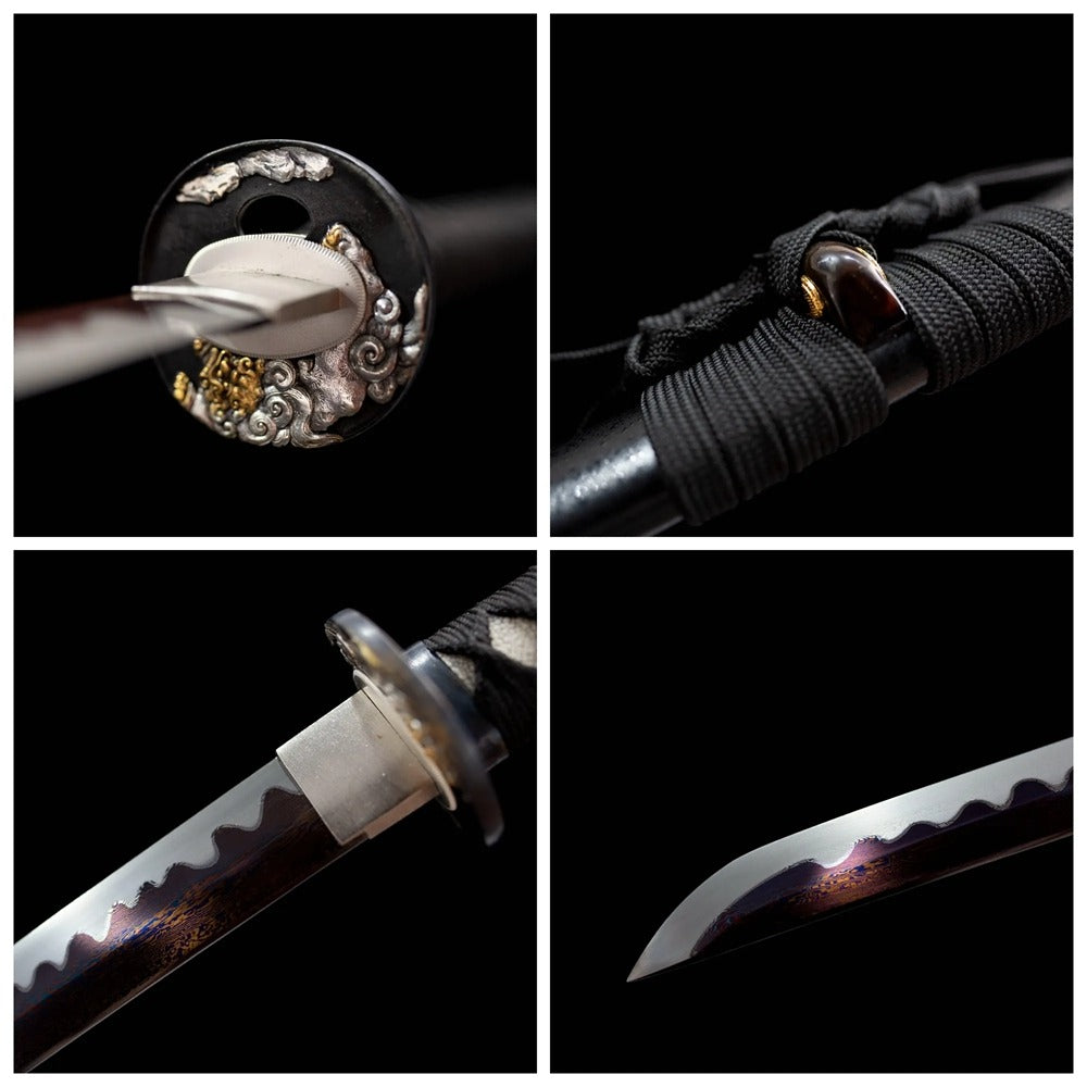 Four‑grid collage lion‑relief mixed gold‑silver copper tsuba, black‑ito tsuka, matte‑black saya, damascus folded‑steel blade close‑up details