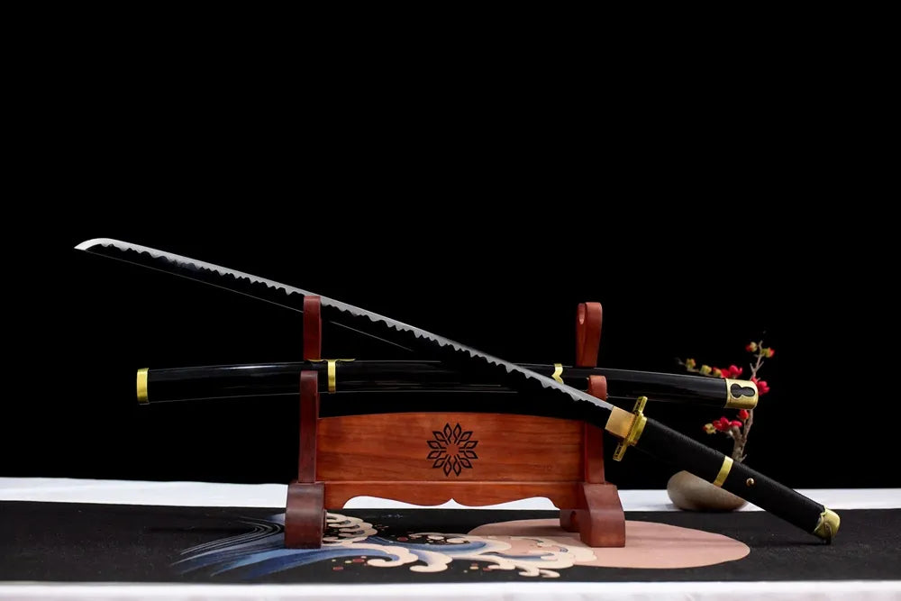 45‑angle open full‑size Zoro Yubashiri katana two‑layer wood stand