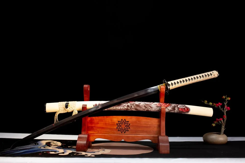 Slanted upright drawn Dragon‑Warrior‑Katana dragon‑warrior‑samurai‑combat‑art katana wooden shelf front perspective