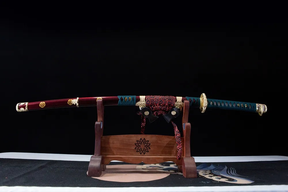 Horizontal front display traditional long red dance tachi dark green ray skin tsuka disassemblable T10 mirror blade
