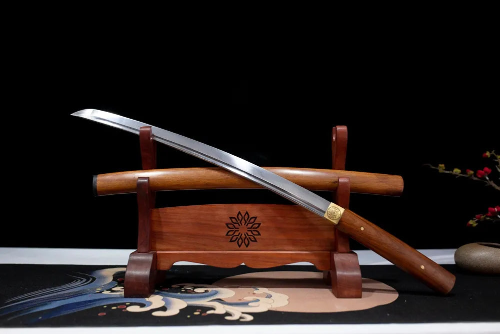45‑angle open full‑size Jihad‑Shirasaya‑Wakizashi authentic‑style shirasaya wakizashi two‑layer wooden stand front view