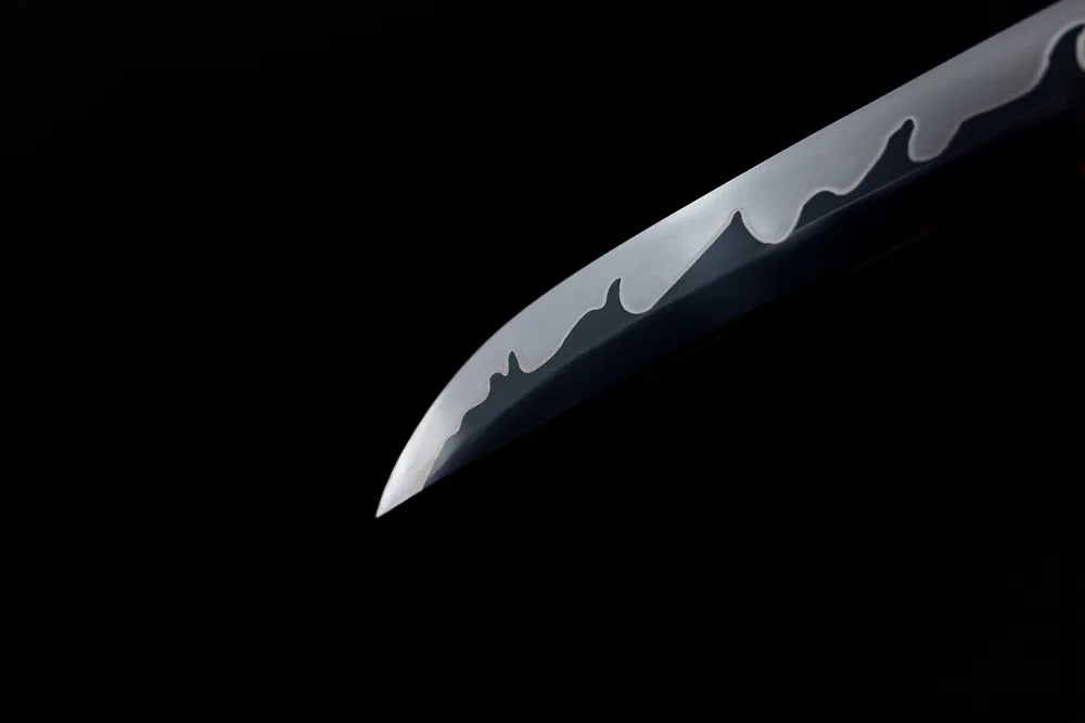 Compact functional wakizashi‑style kissaki tip of Jin‑Wu‑Wei‑Wakizashi blade close‑up view