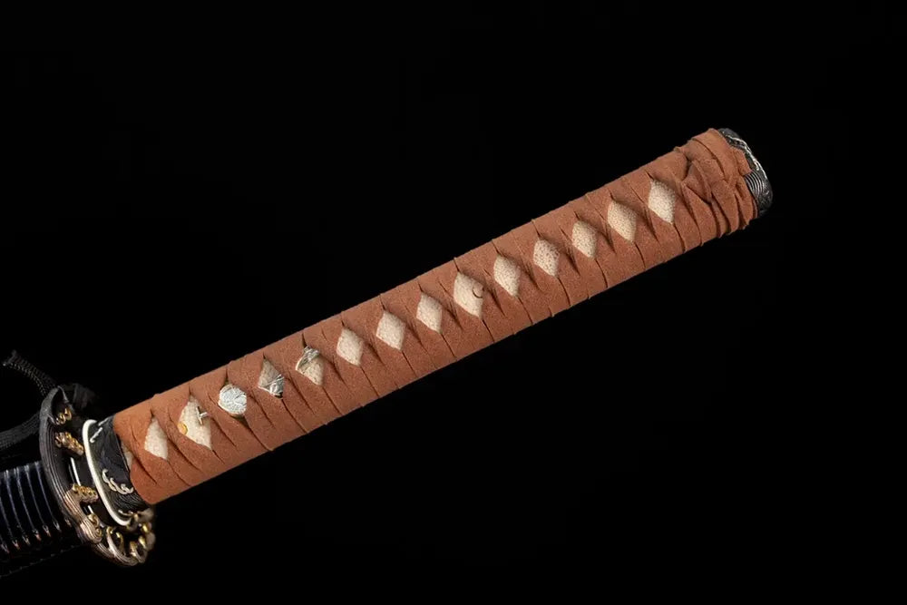 Full ocean‑blue woven ito tsuka aged‑copper ocean‑tide‑surge‑scroll‑relief fittings complete front shot