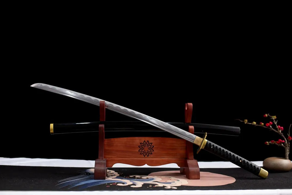 45 angle open full size Sabito katana two-layer wood stand shot