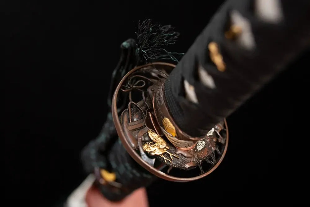 Reverse‑side ancient‑armor‑plate‑scroll carving copper‑gilt‑silver‑plated tsuba surface texture close‑up