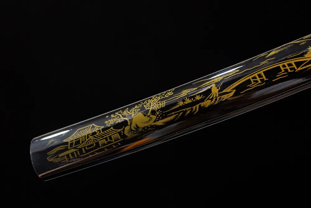 Bottom glossy‑black saya antique‑copper kojiri end‑cap close‑up