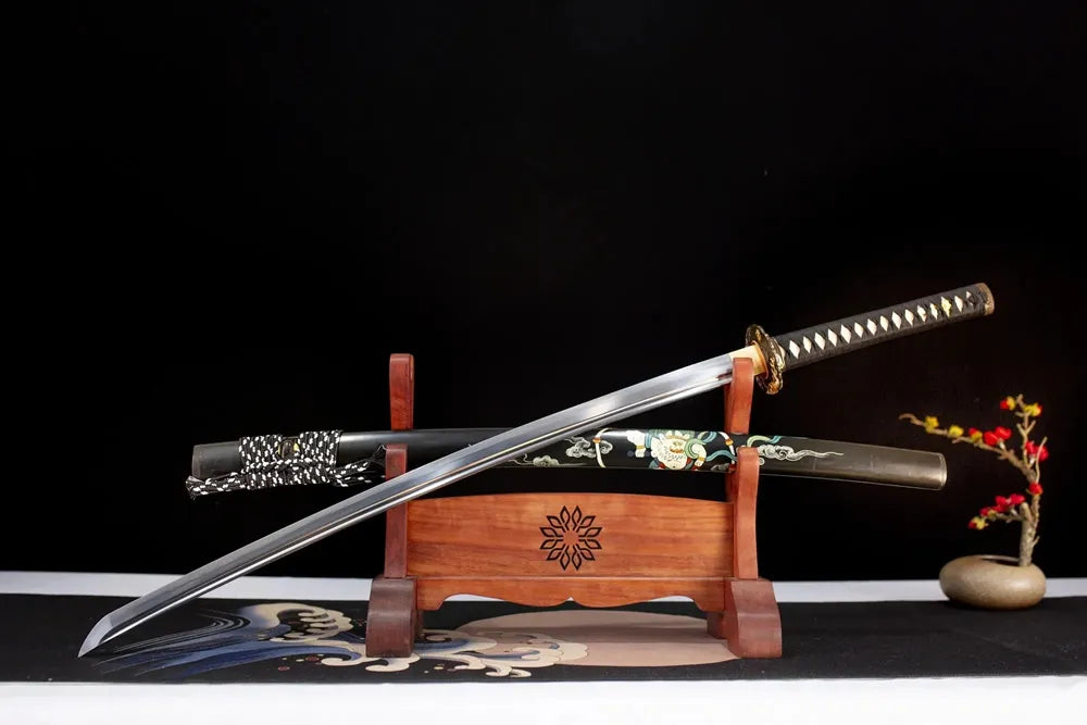 Slanted upright drawn Raijin‑Katana raijin‑myth‑art katana wooden shelf front perspective