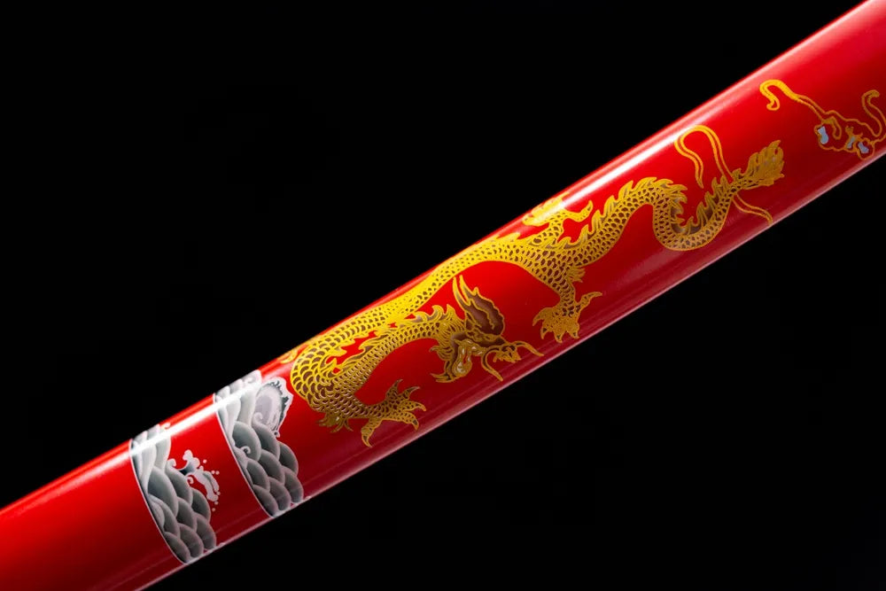 Mid bright red lacquer hand-painted golden dragon & wave texture