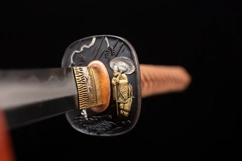 Front open‑work subtle‑hidden‑vein‑minimal‑relief aged‑copper katana hand‑guard close‑up