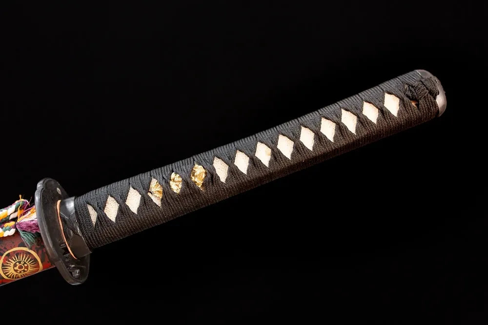 Full charcoal‑black woven ito tsuka matte‑iron alloy ink‑sketch‑pattern relief fittings complete front shot