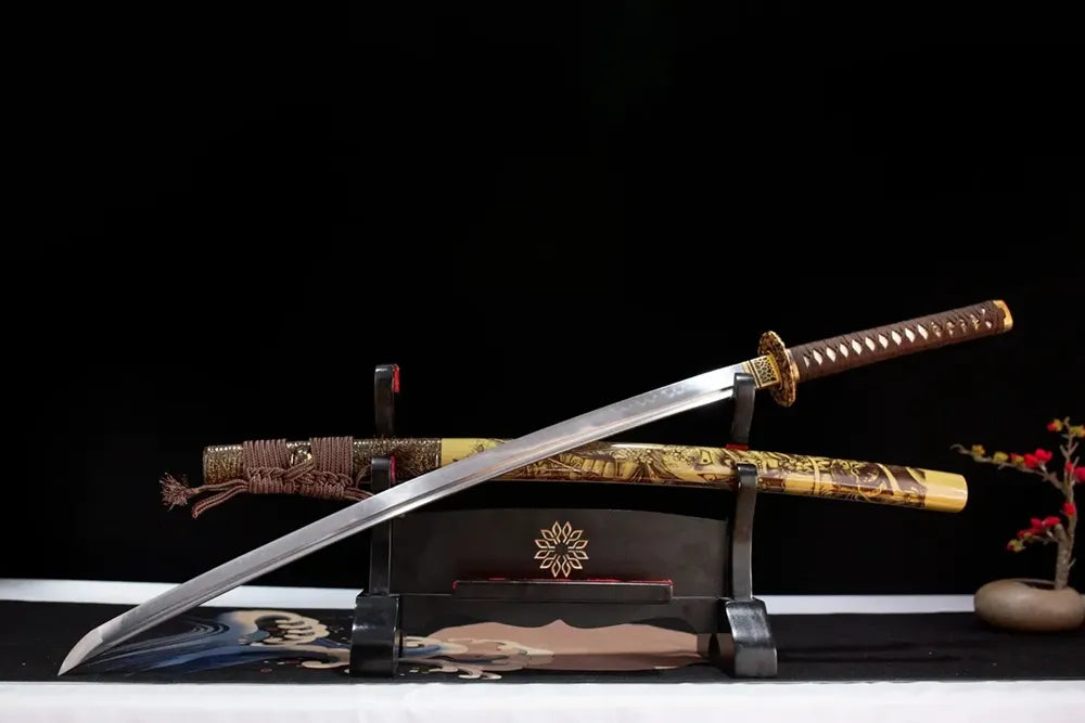 Slanted upright drawn Ghost‑Warrior‑Katana ghost‑warrior‑specter‑wraith‑art katana wooden shelf front perspective