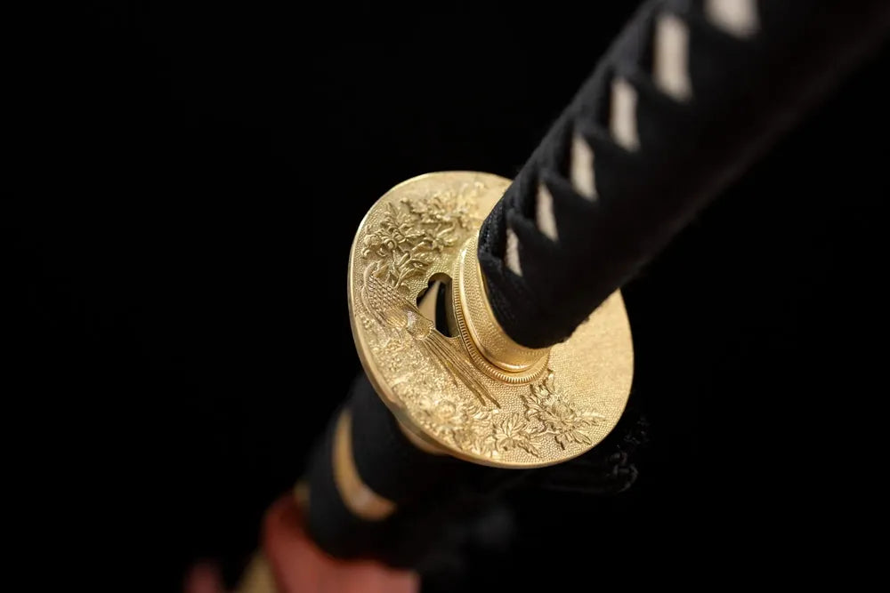 Reverse‑side forest‑avian‑bird‑wing carving vintage‑bronze tsuba surface texture close‑up