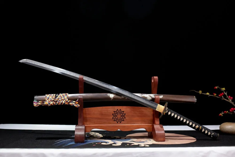 45° front fully sheathed Dragon‑Slash‑Katana museum‑grade oriental‑dragon‑myth katana placed on carved wooden sword display stand