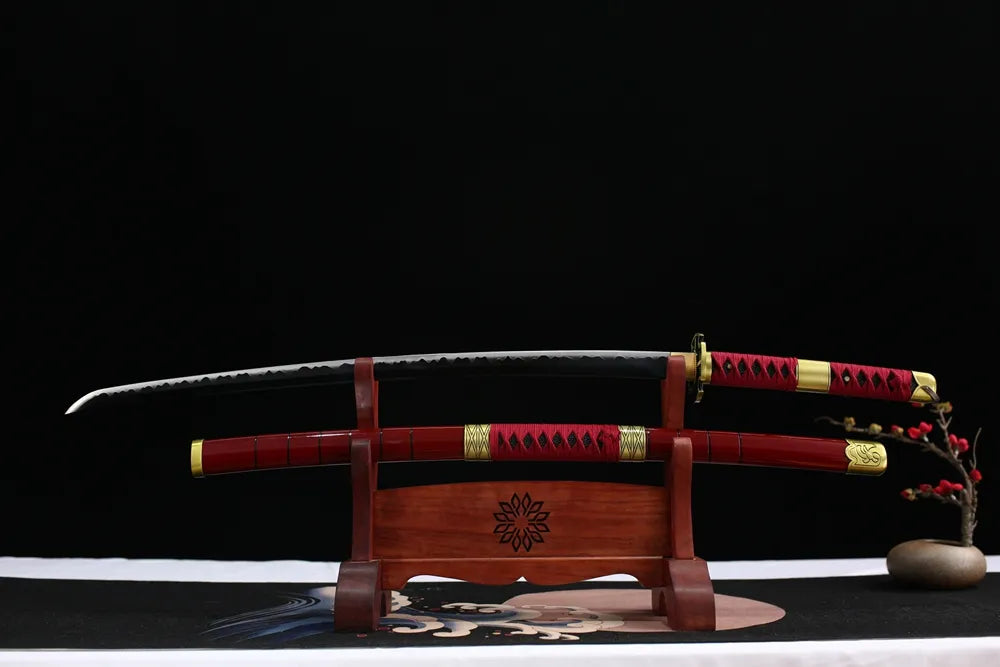 Flat fully‑drawn 1060 steel Sandai Kitetsu demon blade wood rack shot