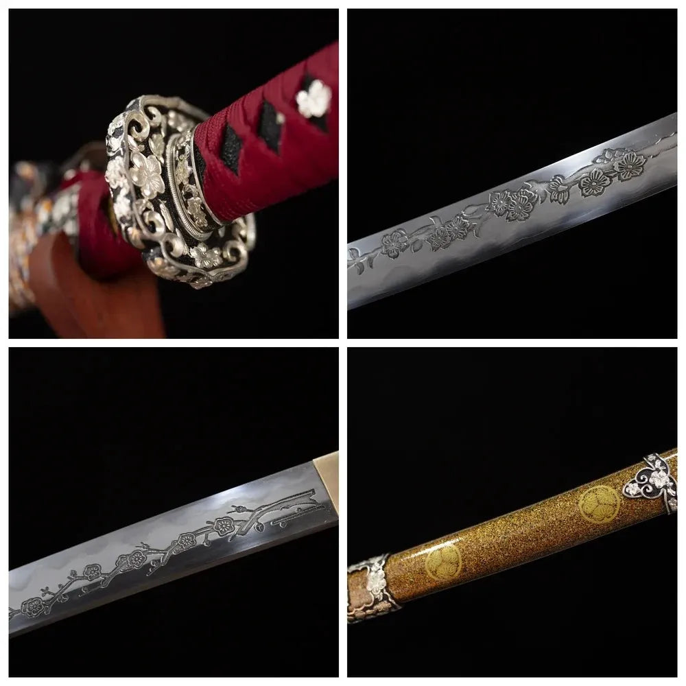 Four‑grid collage silver‑carved plum‑blossom‑scroll‑relief pure‑copper tsuba, deep‑red ito tsuka, golden‑grain kamon‑emblem saya, gunome undulating wave hamon blade close‑up details