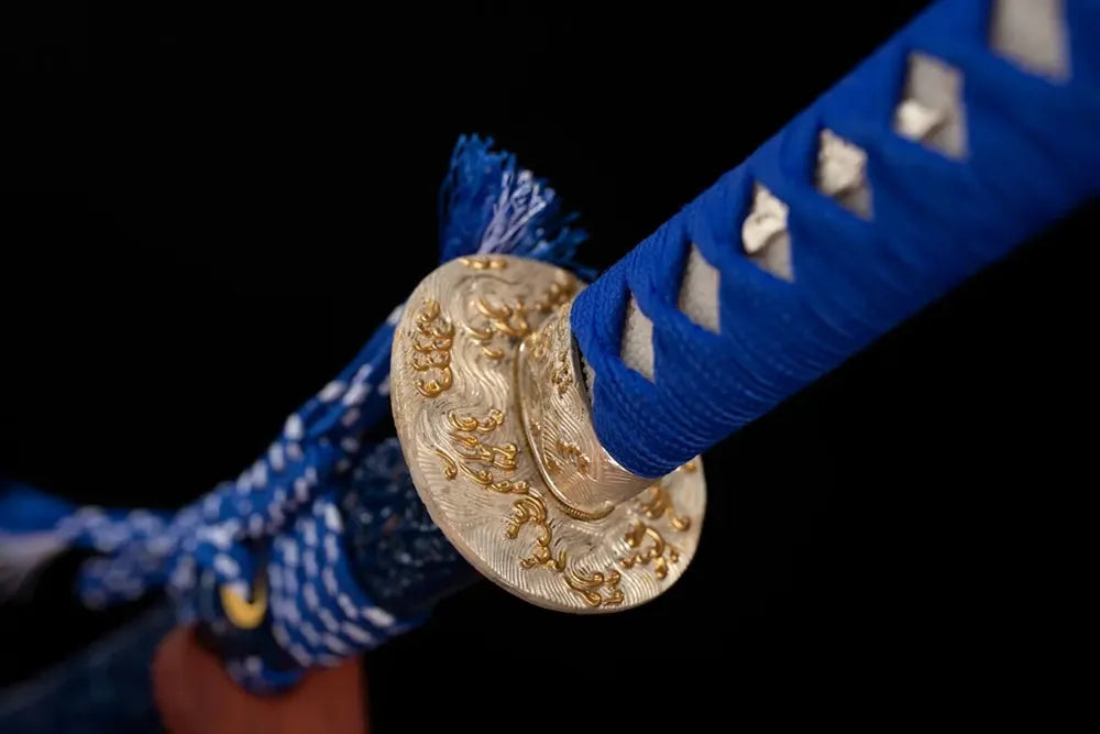 Reverse‑side deep‑ocean‑dragon‑wave‑scroll carving antique‑gilt‑bronze tsuba surface texture close‑up
