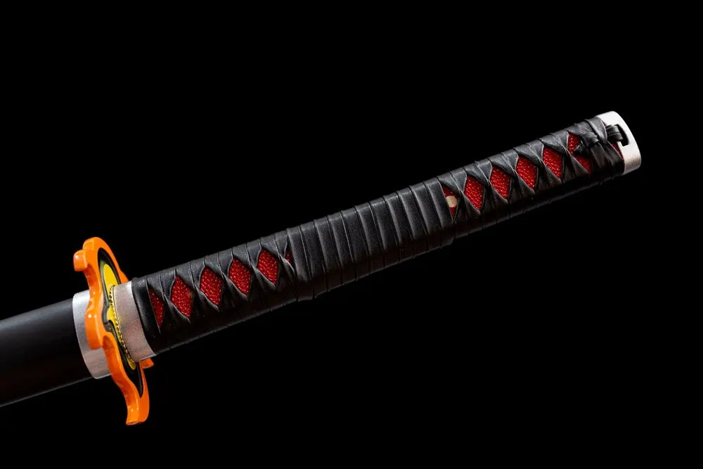 Full red‑black woven tsuka orange flower‑shape alloy fittings complete front shot
