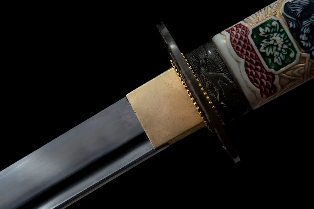Upper blade closeup neat rounded gunome wave hamon near matte iron habaki
