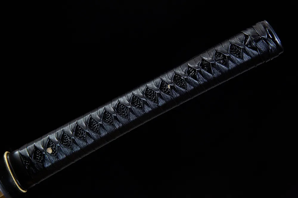 Full compact black tsuka front view plain dark iron fuchi kashira