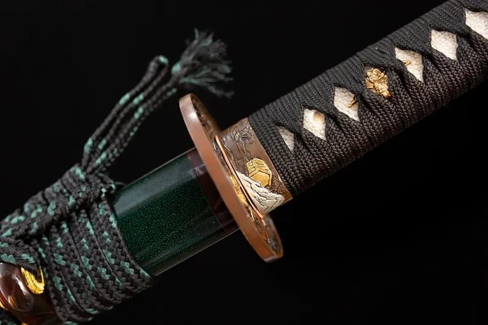Armored‑warrior‑armor‑relief copper‑gilt‑silver‑plated fuchi grip‑ring macro close‑up