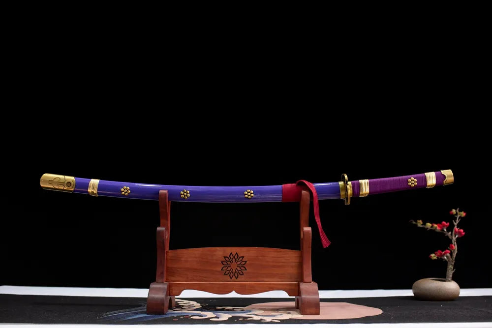 Horizontal laid closed deep burgundy red Enma scabbard flat display