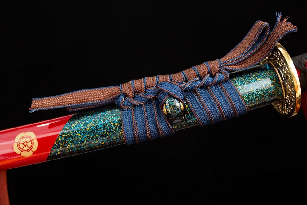 Thick blue‑brown mixed‑braided non‑slip cotton sageo cord gold‑plated‑alloy fitting macro close‑up